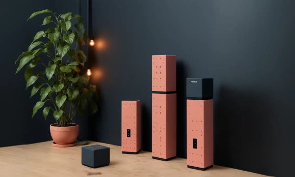 Modern Coral Telecommunication Device Set with Contrasting Blue Interface Unit